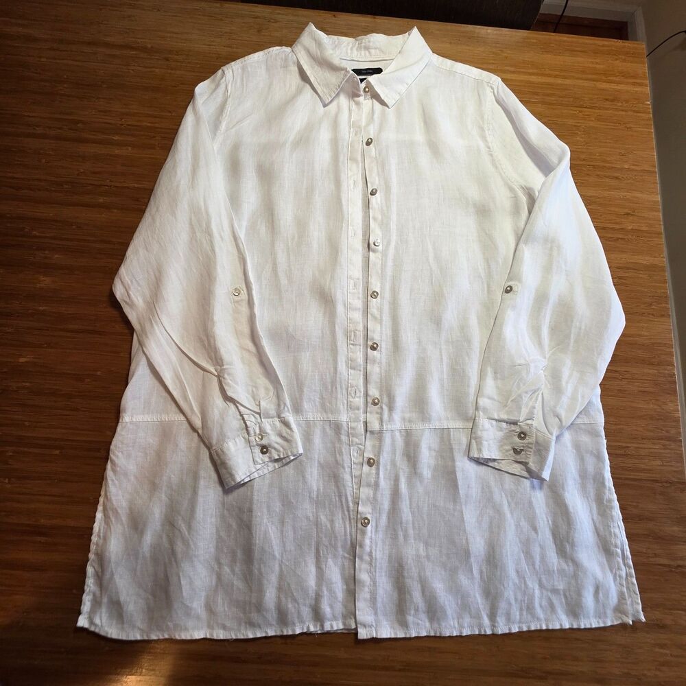Tahari Tunic 100% Linen Sheer White L/S Roll Tab Cover Up Beach Coastal Resort L